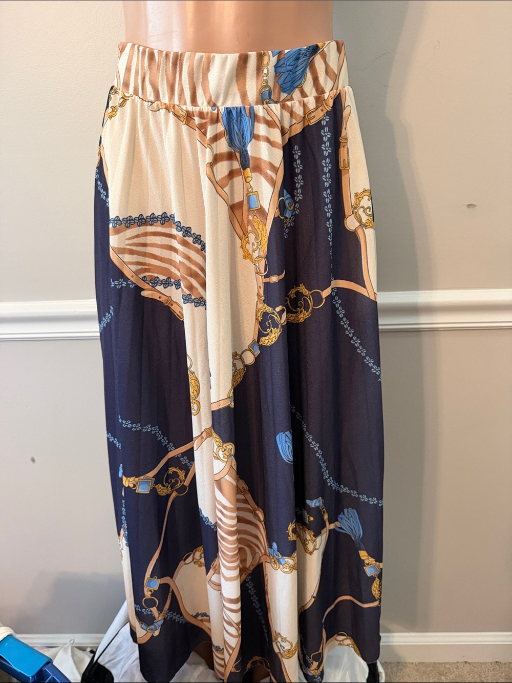 H&M Navy and Cream Chain-Print Maxi Skirt